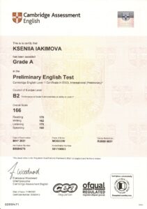 Сертификат Preliminary English Test — Ксения Якимова