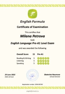 Сертификат Pre-A1 — Милана Петрова