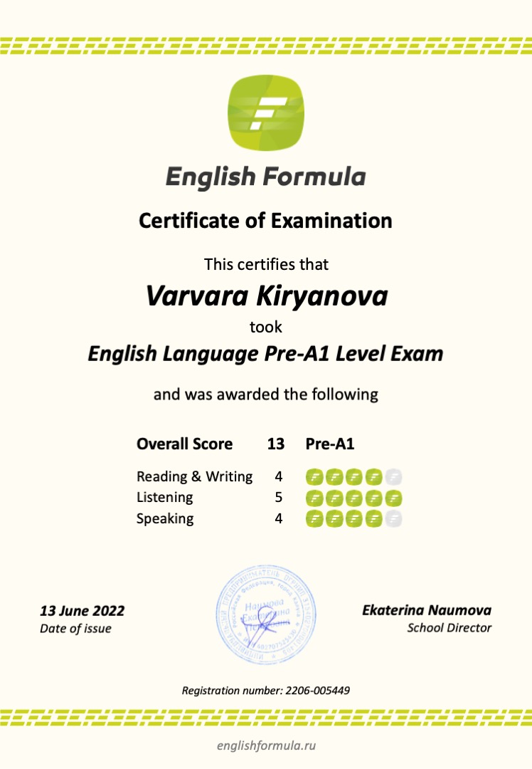 Сертификат Pre-A1 — Варвара Кирьянова