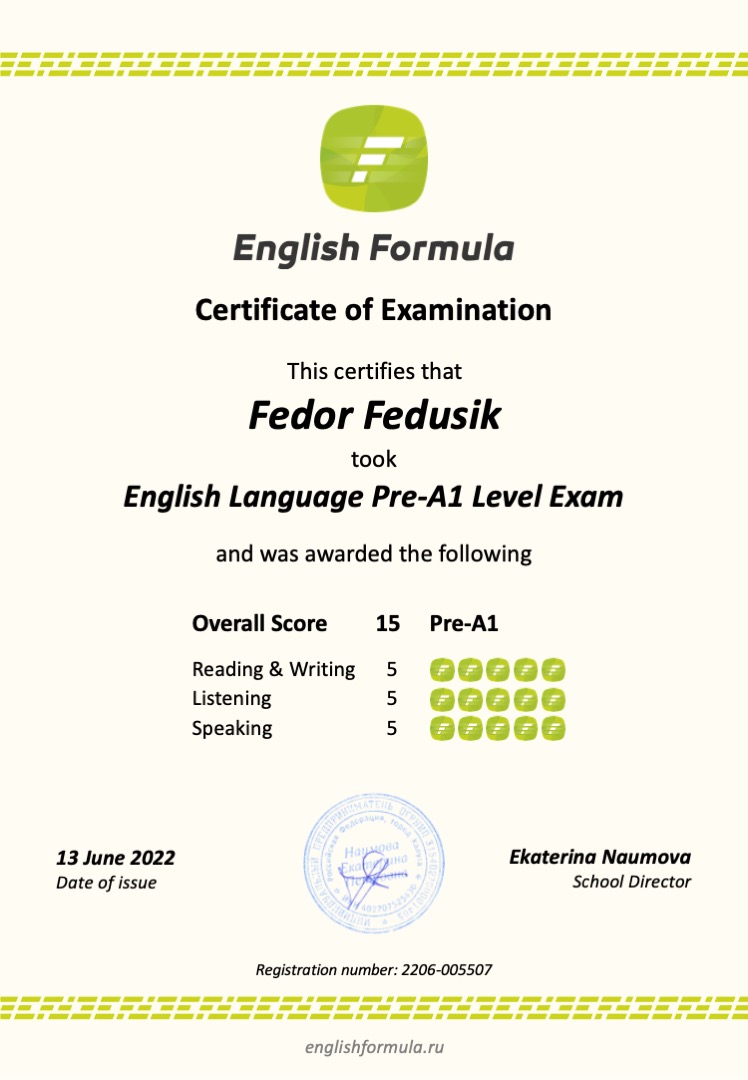 Сертификат Pre-A1 — Федор Федусик