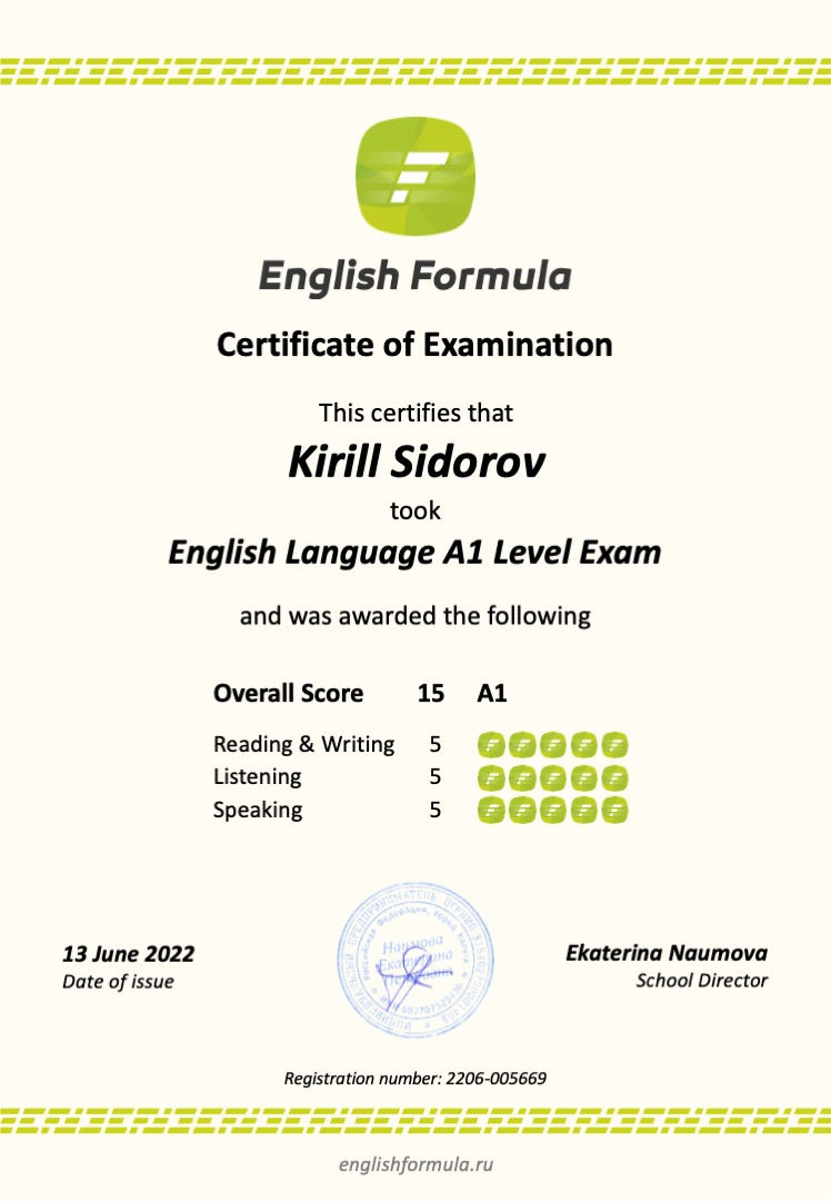 Сертификат A1 — Кирилл Сидоров