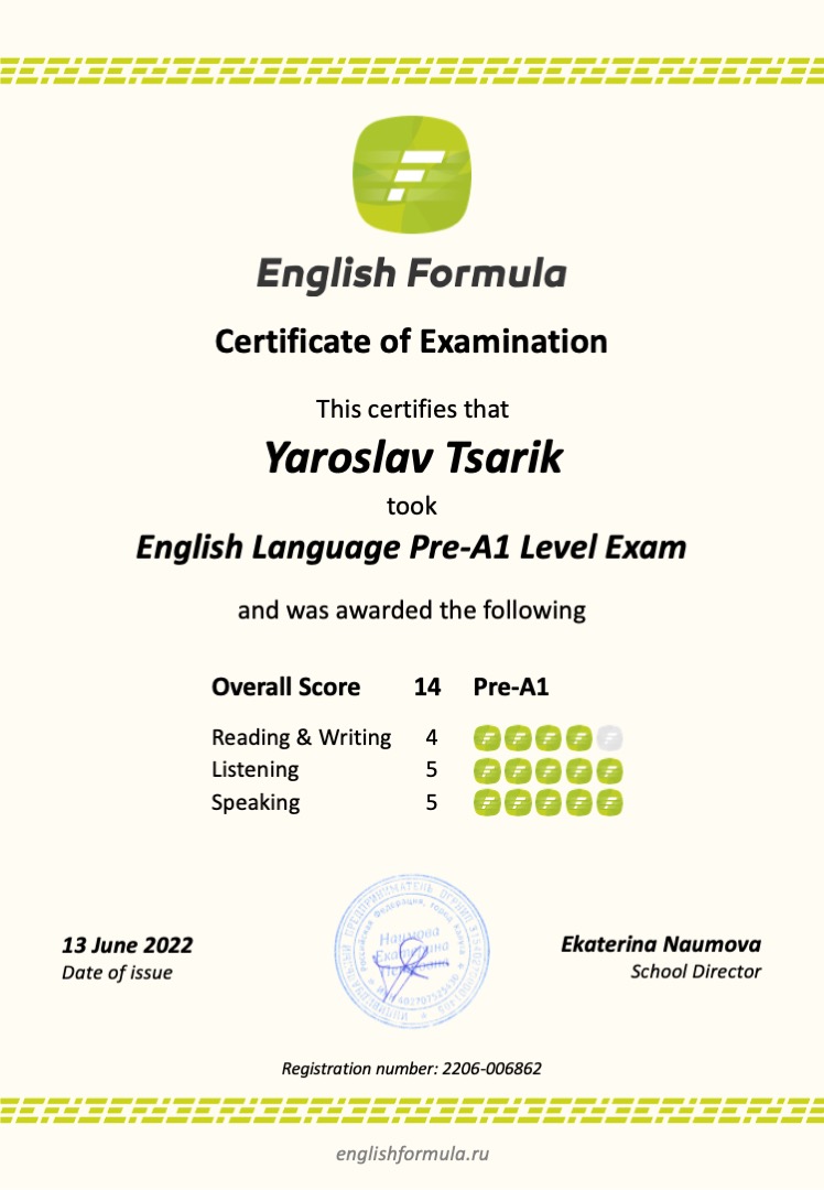 Сертификат Pre-A1 — Ярослав Царик