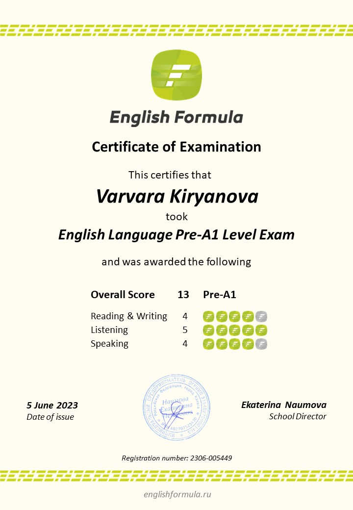 Сертификат Pre-A1 Кирьянова Варвара